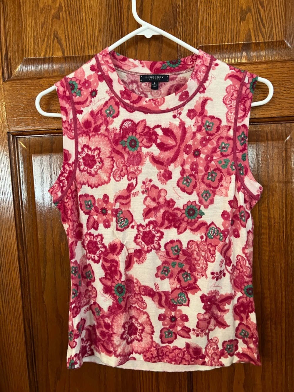 Burberry London Pink Floral Print Sleeveless Pullover 100% Ex Fine Merino Wool
